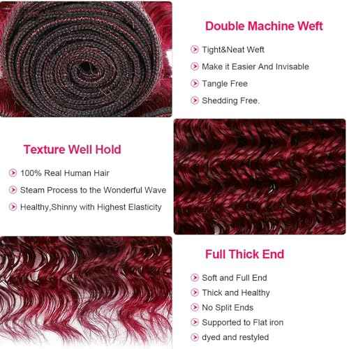 Brazilian Human Hair Bundles Burgundy 99J 20 22 24 Inch Deep Wave Bundles Human Hair 12A Unprocessed Virgin Quick Weave Sewn in Hair for Black Women