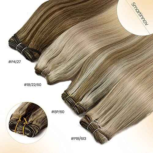 Sew in Weft Hair Extensions Blonde Highlight Human Hair Hand Tied Weft Hair Extensions 20 Inch 100Grams #4/613 Brown Balayage Blonde Double Weft Full Ends Sew in Bundles Hand Tied Weft Hair Extensions
