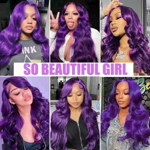 Purple Glueless Wigs Human Hair Pre Plucked With Baby Hair 200% Density Purple 5x5 Body Wave Lace Front Wigs Human Hair for Black Women HD Transparent Lace Frontal Wigs Human Hair 22 Inch