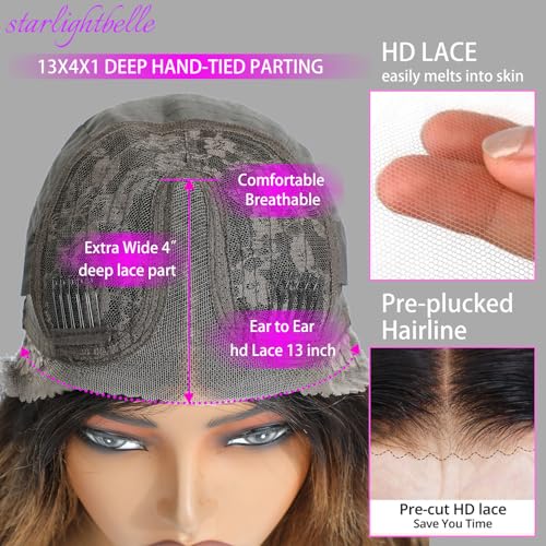 Put On and Go Wig Blended Hair Body Wave 1b/30 Highlight Ombre Lace Front Wig 13X4 T-Part Synthetic Hair 220% Density HD Transparent Pre Plucked 32 Inch