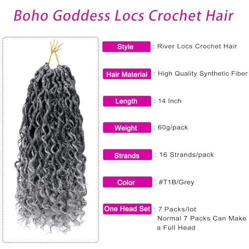 Goddess Locs Crochet Hair 14 Inch 7 Packs Ombre Grey Boho Faux Locs Crochet Hair for Black Women Pre Looped Crochet Locs with Curly Ends (1B/Gray)