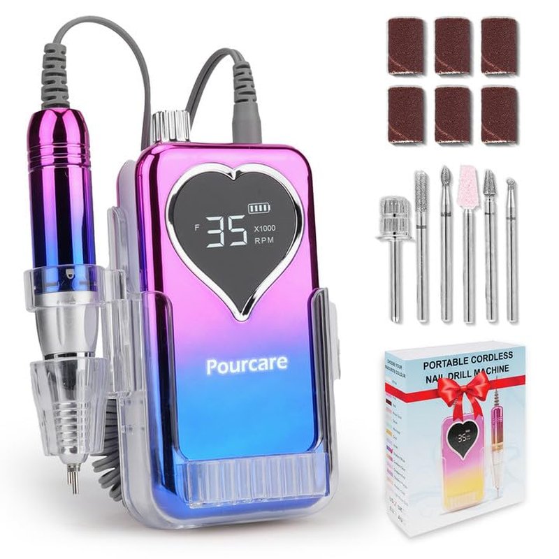 Electric Nail Drill 35000RPM | Rechargeable Acrylic & Gel Nail File Kit with 6 Polishing Tools - Sunset Blue