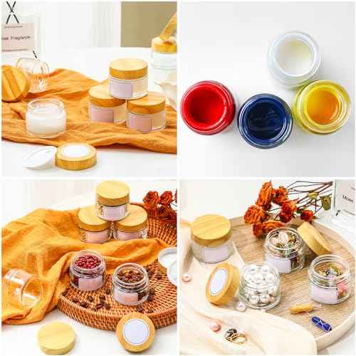 Layhit 64 Pcs 2oz Glass Jars with Lids Clear Small Jars with Plastic Woodgrain Lids, White Labels and Inner Liners Empty Round Cosmetic Containers for Creams Lotions Candle Making (2oz/ 60ml)