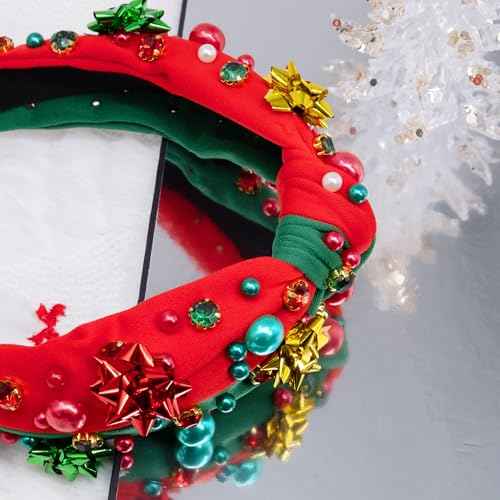pVq Christmas Headband for Women Knotted Headband with Christmas Tree Crystal Pearl Snowflake Ribbon Xmas Holiday Hairband (Pearl Flower - Red Green, One Size)