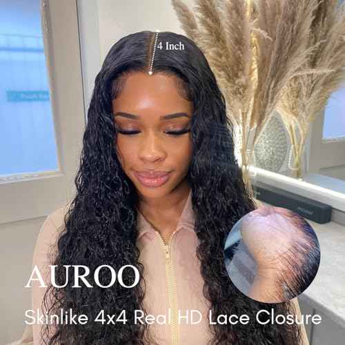 Water Wave 4x4 SKINLIKE Real HD Lace Closure Only Single Knot Human Hair 18 In,12A Virgin 0.09 mm Ultra-thin Invisible Wet n Wavy Curly Swiss HD Lace Closure Pre Plucked Free Part Natural Black