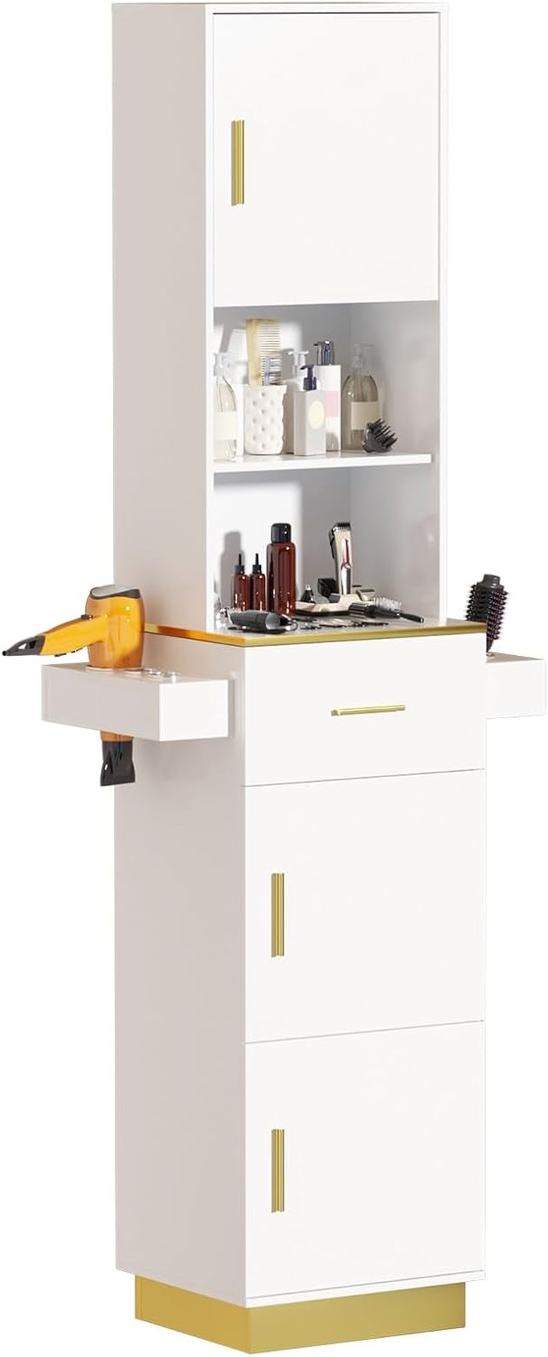 Salon Stations for Hair Stylists - Tall Hair Salon Station with 6 Tool Holders, Drawer & 3 Storage Cabinets | White