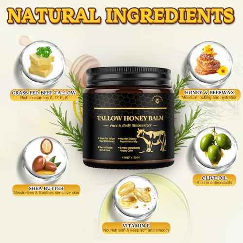 Beef Tallow for Skin, Tallow and Honey Balm for Face, Grass-Fed Beef Tallow Face Moisturizer, Deeply Moisturizing for Dry & Sensitive Skin (4.23oz/120g)