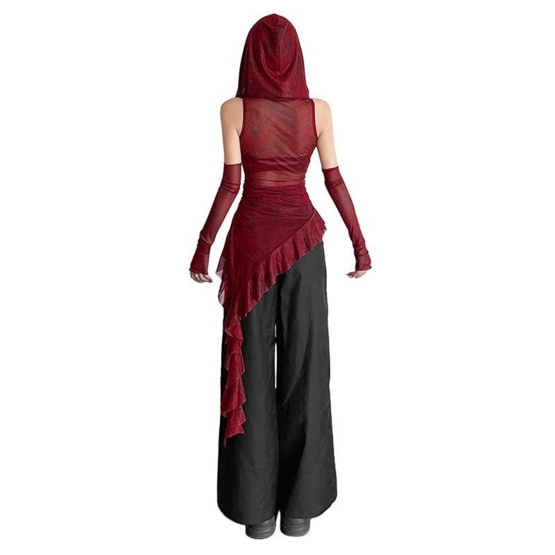 Women Gothic Mesh See Through Hooded Tops Y2K Irregular Hem Ruffles Hoodie Blouse with Cuffs Red