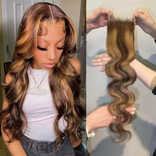 Honey Blonde Highlight Body Wave Closure Human Hair 12 inch, Ombre 4x4 Transparent Lace Closure Frontal Pre Plucked with Baby Hair Brazilian 12A Unprocessed Virgin Remy 4/27 Wavy Closure Sew In