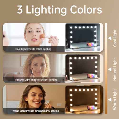 Hollywood Vanity Mirror with Lights, 23"x18" Lighted Makeup Mirror with 10x Magnifying for Desk/Wall Mount, 15 Led Bulbs, 3 Lighting Modes for College Dorm, Bedroom & Dressing Room (White)
