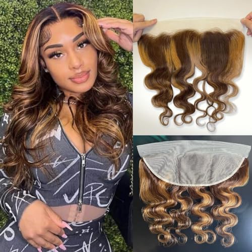 P4/27 Honey Blonde Highlight Body Wave Frontal Closure Human Hair 16 Inch, 12A 100% Virgin Ombre Brown Balayalge 13x4 Ear to Ear Transparent Lace Frontal Pre Plucked With Baby Hair Sew In Remy