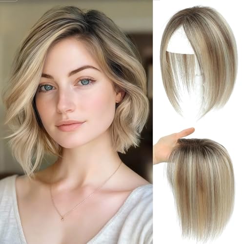 Hair Toppers for Women Real Human Hair Topper for Women with No Bangs Hairpieces 10 Inch Swiss Base 3D 360¡Æ Cover Comfortable and Breathable (Ombre Light Brown with Blond Highlight)