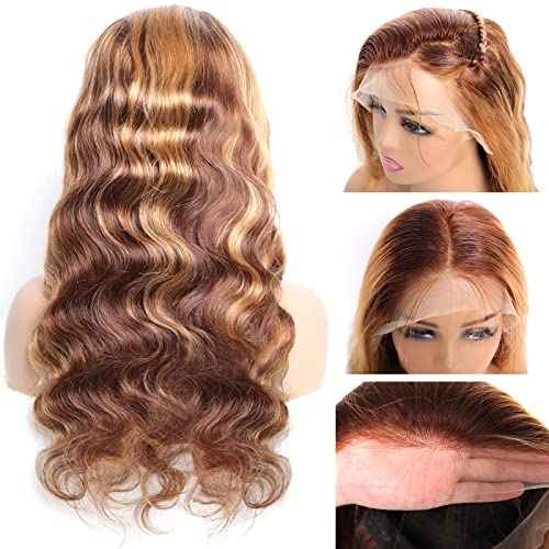Highlight Ombre Lace Front Wig Human Hair Pre Plucked 13x4 HD Transparent 4/27 Colored Honey Blonde Lace Frontal Wigs For Women with Baby Hair 200% Density Body Wave Lace Front Wig 20 Inch