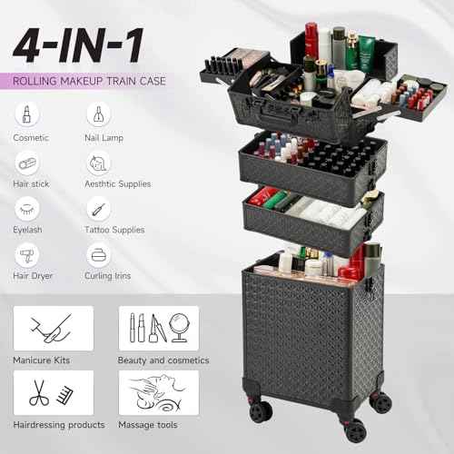 Leeora&Leekoo Portable Multi-Storey Nail Case for Nail Tech Organizer - Wheels Makeup Case Organizer, Cosmetic Case, Makeup Train Case, Make Up Case (Black)