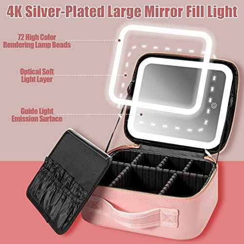 Seoneiro Makeup Travel Bag with LED Lighted Mirror Adjustable Brightness Portable Waterproof Makeup Case with Adjustable Dividers, Make up Train Case Organizer Makeup Brush Accessories and Tool Case