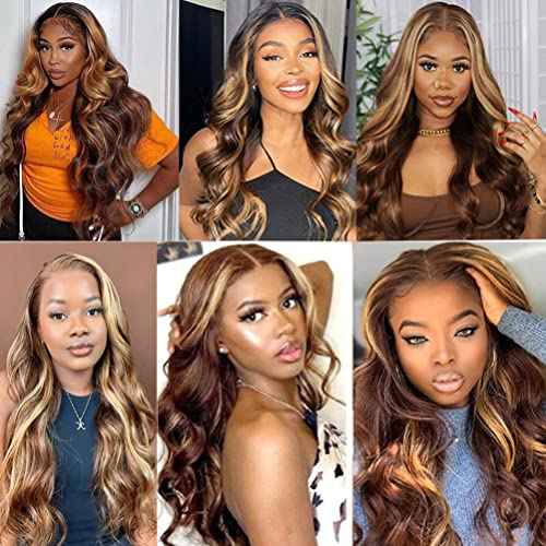 Highlight Ombre Lace Front Human Hair Wig - Pre Plucked 4/27 Brown Honey Blonde Body Wave - 13x4 HD Lace Frontal - 150% Density 24 Inch - For Black Women