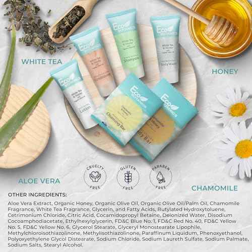 Eco Botanics Amenity & Accessory Kit | 0.85 oz Travel Size Shampoo, Conditioner, Lotion, Body Wash, Body Bar, Cleansing Bar, Shave & Dental Sets, Make-Up Remover Wipes, & Vanity Kit | 15 sets per case