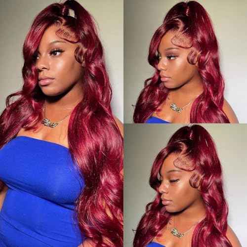 Smavida 99j Burgundy Lace Front Wigs Human Hair Body Wave 13x4 HD Transparent Lace Frontal Wigs for Black Women 180% Density 22 Inch Colored Wine Red Glueless Wig Pre Plucked with Baby Hair