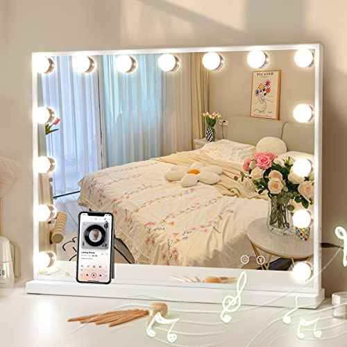 COOLJEEN Vanity Mirror with Lights and Bluetooth, Hollywood Makeup Mirror with 15 Dimmable LED Bulbs and USB Charging, 3 Color Modes Lighted Vanity Mirror, Tabletop/Wall-Mount (Shatterproof Glass)