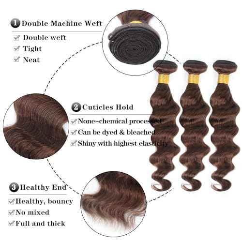 Brown Bundles Human Hair Loose Wave Human Hair 3 Bundles (#4, 12 14 16) 12A 100% Unprocessed Brazilian Virgin Hair Loose Deep Wave Remy Human Hair Extension 4# Color