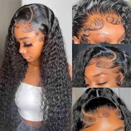24 Inch Deep Wave Lace Front Wigs Human Hair 13x6 HD Real Human Hair Wig 12A Natural Black Glueless Curly Wig Human Hair Pre Plucked for Women Invisilbe Hairline Tiny Knots 200 Density Longer Life