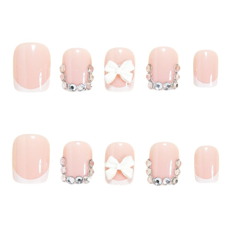 Skiennix 24Pcs Short French Tip Press-On Nails - Glossy Pink with 3D White Bow & Rhinestones | Reusable Acrylic for Weddings & Daily Use