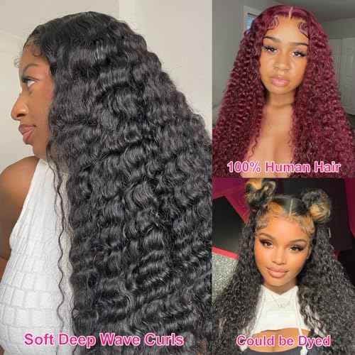 Deep Wave Lace Front Wigs Human Hair Pre Plucked 13x4 HD Transparent Lace Frontal Wigs Human Hair 180% Density Glueless 18 Inch Curly Wigs for Black Women Bleached Knots