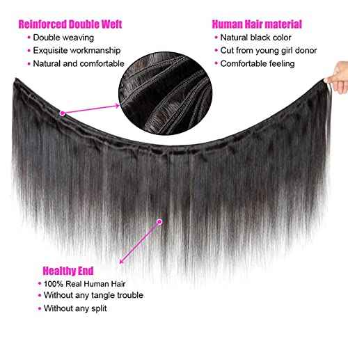 Brazilian Straight Bundles with Closure Human Hair Weave 3 Bundles and 4X4 HD Lace Closure (14 16 18+12 Inch) Unprocessed Virgin Remy Hair Free Part for Women