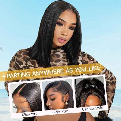Bob Wig Human Hair 200 Density 13x4 HD Lace Front Wigs Human Hair Pre Plucked Short Bob Straight Frontal Wigs Human Hair for Women Natural Black 16"