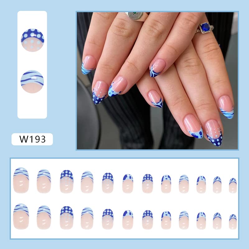 Press On Nails Set - 24 Pcs Almond & Square Fake Nails with Glue, Adhesive Tabs & File | Medium Size for Women, Girls & Kids