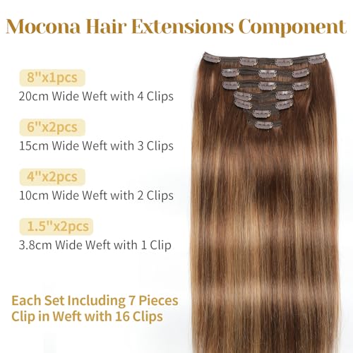 Clip in Hair Extensions Real Human Hair, 16 Inch 7pcs 140g/Pack - Ombre Chocolate Brown to Caramel Blonde, Soft Hair Extensions Real Human Hair Clip ins Straight for Women (16 Inch)