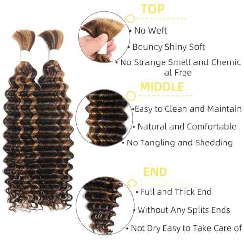 P4/30 Deep Wave Ombre Human Braiding Hair 24Inch 2 Bundles 100g Bulk Human Hair for Braiding No Weft Human Braiding Hair for Boho Braids Wet and Wavy 100% Brazilian Virgin Curly Hair