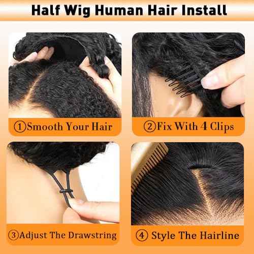 Kinky Curly Half Wig Human Hair 200 Density Glueless Wigs Human Hair 20 Inch Curly 3 In 1 Half Wigs Invisible Hairline Curly Half Wigs Drawstring Seamless Flip over Easy Wear Beginner Friendly