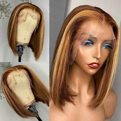 HD Transparent Straight 4/27 Highlight Bob Lace Front Wigs Human Hair Wear and Go Glueless Ombre Honey Blonde Highlight Bob Wig Human Hair Pre Plucked With Baby Hair Short Bob Wigs For Black Women