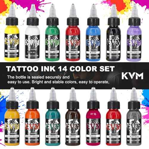 KVM Tattoo Ink Set 14 Pcs Colors 1oz (30ml) Tattoo Supply Indoor Tattoo Studio Renowned for its Smooth Flow Characteristics