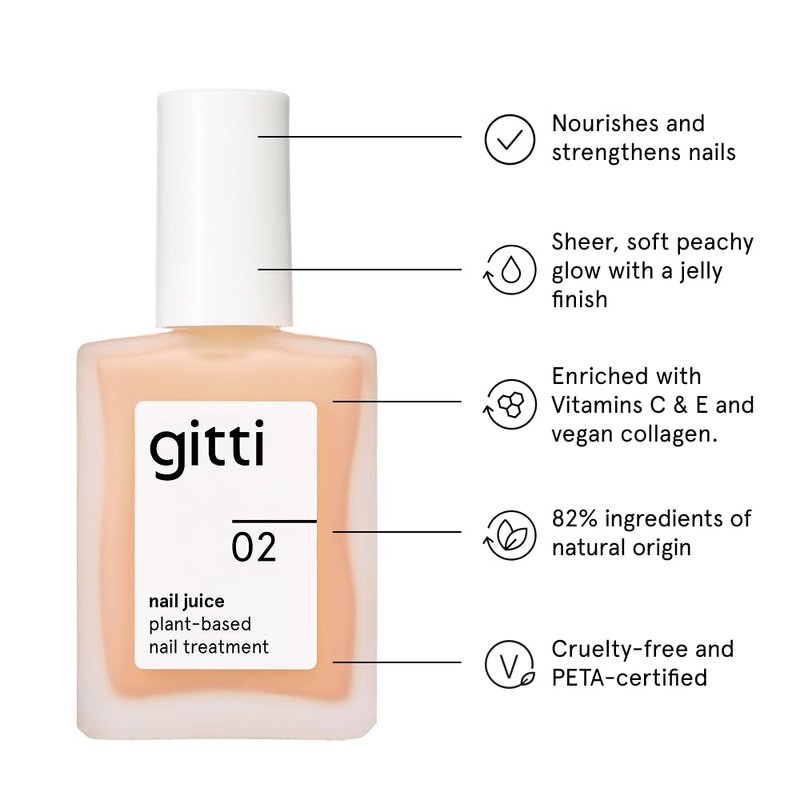 gitti Nail Juice no. 02 | Plant-Based Nail Treatment & Color Polish, Non-Toxic, 82% Natural Origin, Vegan, Cruelty-Free | Strengthens, Nourishes, Non-Greasy Formula, Soft Peach Sheer Tint (0.5 fl oz)