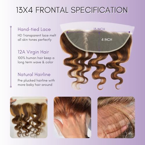 P4/27 Honey Blonde Highlight Body Wave Frontal Closure Human Hair 16 Inch, 12A 100% Virgin Ombre Brown Balayalge 13x4 Ear to Ear Transparent Lace Frontal Pre Plucked With Baby Hair Sew In Remy