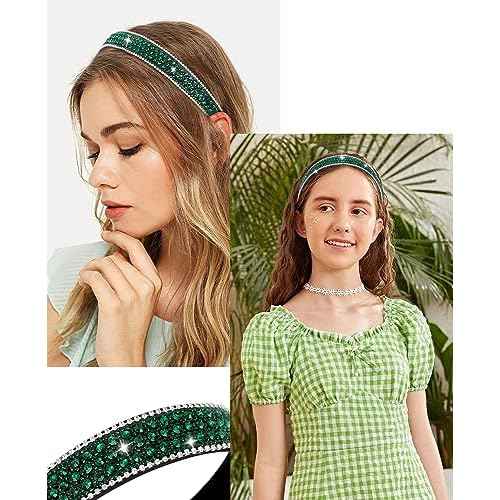 Wecoe Rhinestone Headband - Dark Green Bling Sparkly Crystal Diamond Thin Hair Band for Women & Girls, Fashion Accessory for Holiday, Birthday Gift