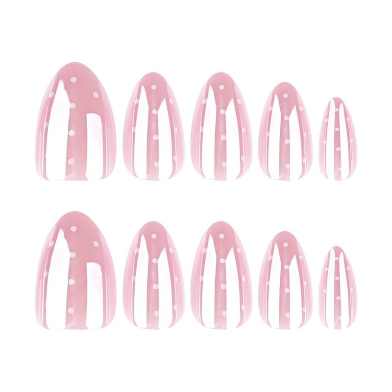 Foccna Press on Nails Pink Short Polka Dots Fake Nails Almond Acrylic False Nails,Artificial Nails for Girls 24pcs