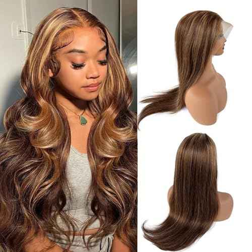 SOSEXY 20 Inch Ombre Lace Front Wig - Human Hair, 4T4/27 Pre Plucked With Baby Hair, 13x4 HD Lace Front Wigs, 180% Density Highlight Straight Lace Frontal Wigs, Glueless Wigs