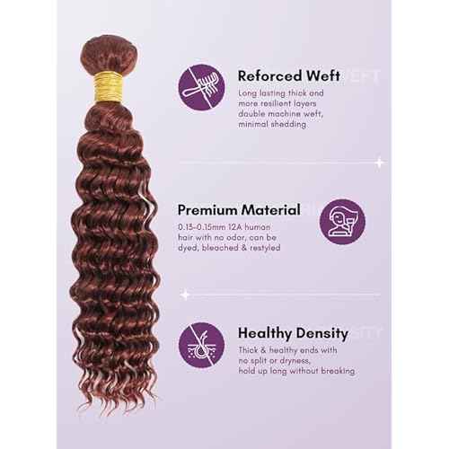 Reddish Brown Deep Wave Single Bundles Human Hair 24 Inch, 12A 100% Unprocessed Virgin Brazilian Weaves Thick Track #33B Auburn Copper Red Curly Water Wavy Colored Human Hair Bundles Remy Sew In