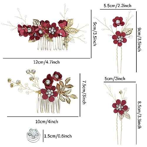 Cinaci 18 Pieces Bridal Wedding Party Prom Pearl Rhinestone Burgundy Flower Hair Side Combs Slides+U-shaped Flower Hair Pins+Twist Spiral Hairpins Floral Headpieces for Brides Bridesmaids Women Girls