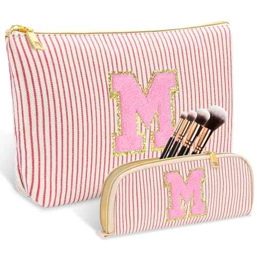 2 PCS Initial Makeup Bag, Personalized Travel Cosmetic Bag/11 12 13 14 15 16 Years Old Girl Gifts, Preppy Stuff Birthday Gifts for Women Friends, Skincare Bag, Teen Girl Gift Trendy Stuff, Red M