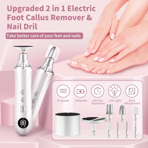 Electric Foot Callus Remover, 2 in 1 Rechargeable Foot File & Nail Drill, 15 Adjustable Speed Manicure Pedicure Kit Foot Scrubber with 25 Pcs Sandpaper Discs Pedicure Tool for Dead Skin (White+Pouch)