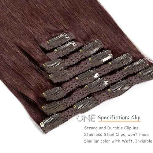 Caliee Hair Extenisons Clip in Human Hair Double Lace Weft Color Wine Red 7 Pcs 120 G Silky Straight Thick Remy Seamless Hair Extensions Clip in Human Hair 18 Inch