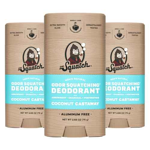 Dr. Squatch Natural Deodorant for Men - Odor-Squatching Aluminum Free - Coconut Castaway (2.65 oz, 3-Pack)