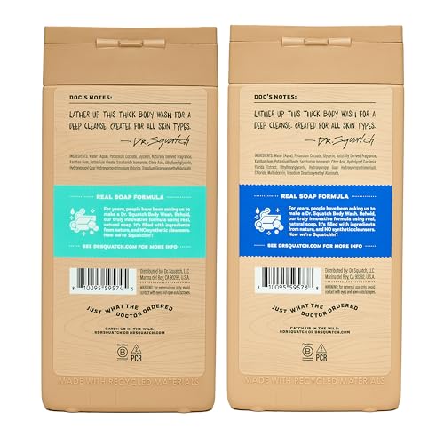 Dr. Squatch NEW Body Wash for Men with Nourishing, Natural Ingredients | No Paraben, Phthalate, Sulfate | All Day Moisture | Long Lasting Scent | Fresh Falls & Coconut Castaway (14 oz, 2-Pack)