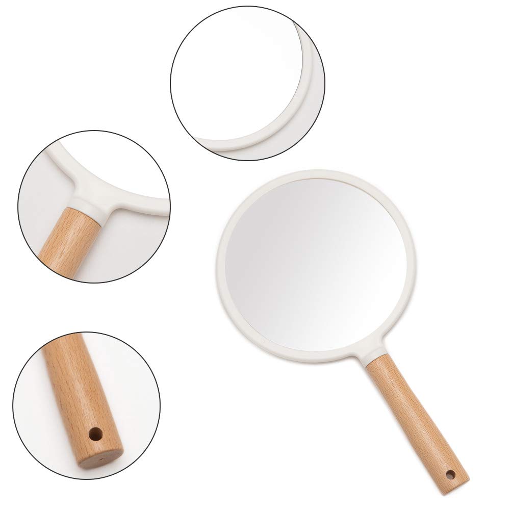 YEAKE Hand Held Mirror with Handle for Makeup,Small Cute Wood Hand Mirror for Shaving with Hole Hanging Single-Sided Portable Travel Vanity Mirror for Men&Women(Round)