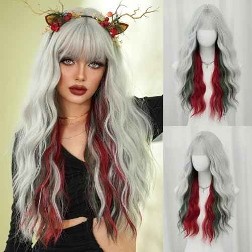 7JHH WIGS Long Curly Red Green Highlight Christmas Siler White Wigs Natural Heat Resistant Fibre Wet Wave Grey White Ombre Women Wigs for Holiday Festival Christmas Daily Party Daily Used