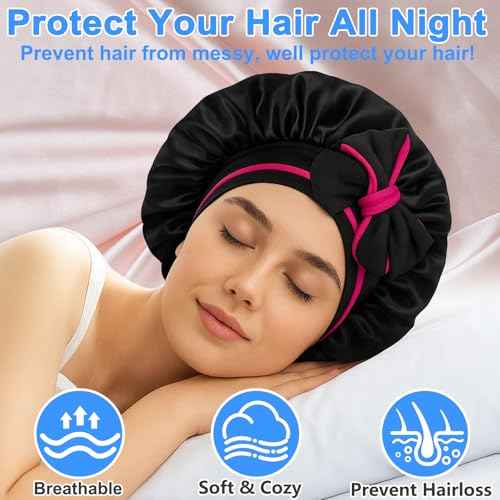 Atgdluk¢ç Reversible Silk Bonnet for Sleeping Women - Double Layer & Color Satin Bonnet, Adjustable Hair Cap for Curly & Textured Hair (Rose Red & Black)